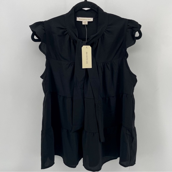 Monteau Blouse Black Tie Ruffles Flowy L New - Picture 1 of 5